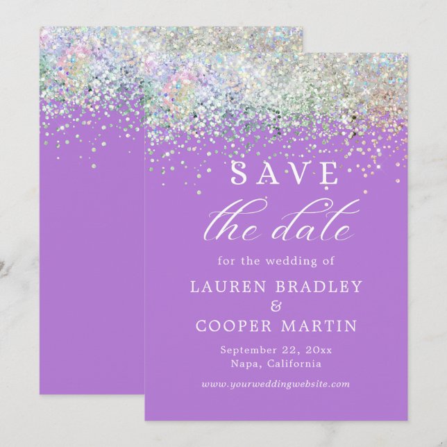 Purple Luxury Glitter Wedding Save The Date (Front/Back)