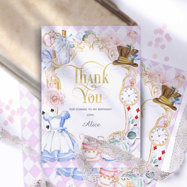 Purple, Mad hatter tea party, Alice Wonderland  Thank You Card (Purple. Onderland girl 1st birthday, mad hatter, tea party thank you cards.)