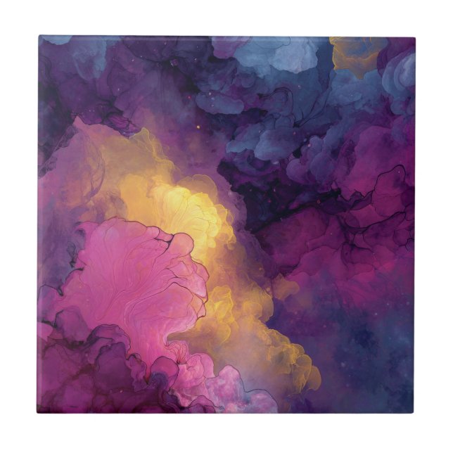 Purple Magenta Gold Alcohol Ink Nebula Flow Tile (Front)
