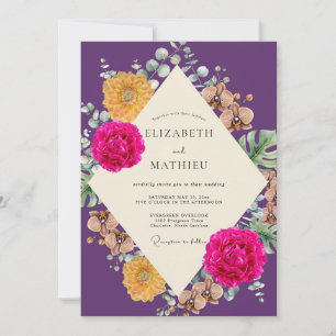 Purple Magenta Tropical Eucalyptus Wedding Invitation