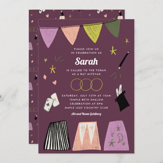 Purple Magic Show Bar Bat Mitzvah Invitation (Front/Back)