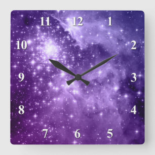 Purple Magic Stars Square Wall Clock