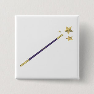 Purple magic wand with three golden stars 15 cm square badge