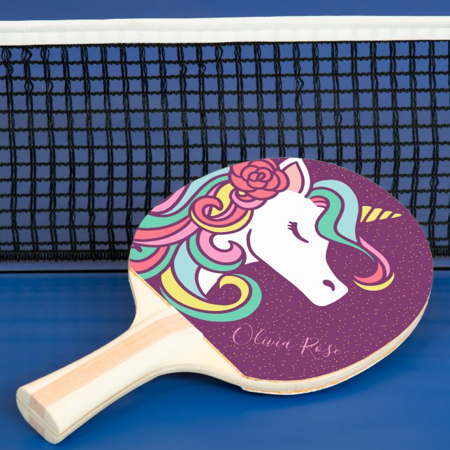 Purple Magical Unicorn Gold Glitter Personalised Ping Pong Paddle (Insitu)