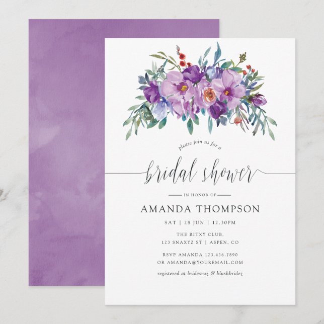 Purple Magnolia and Roses watercolor Bridal Shower Invitation (Front/Back)