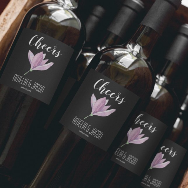 Purple Magnolia Blossom on Black Wedding Wine Label (Creator Uploaded)