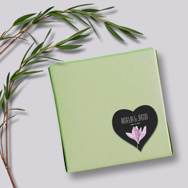 Purple Magnolia Floral Wedding Favour on Black Heart Sticker (Magnolia Floral Wedding Favor Black Heart Shaped Stickers)