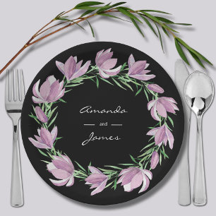 Purple Magnolia Floral Wreath Watercolor Paper Plate