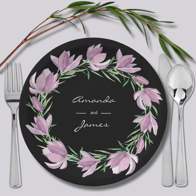 Purple Magnolia Floral Wreath Watercolor Paper Plate (Purple Magnolia Floral Wreath Watercolor Paper Plates)