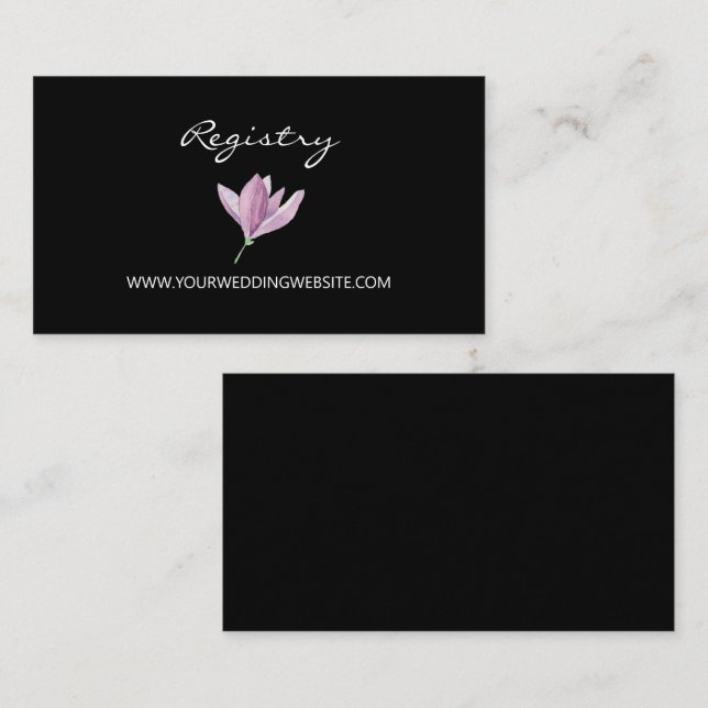 Purple Magnolia on Black Floral Wedding Details Enclosure Card (Front/Back)