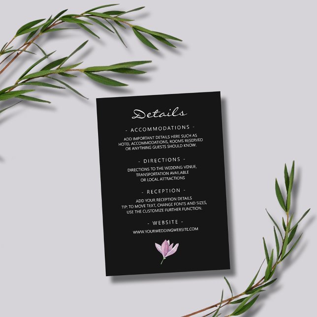 Purple Magnolia on Black Floral Wedding Details Enclosure Card (Purple Magnolia on Black Floral Wedding Details Enclosure Cards)