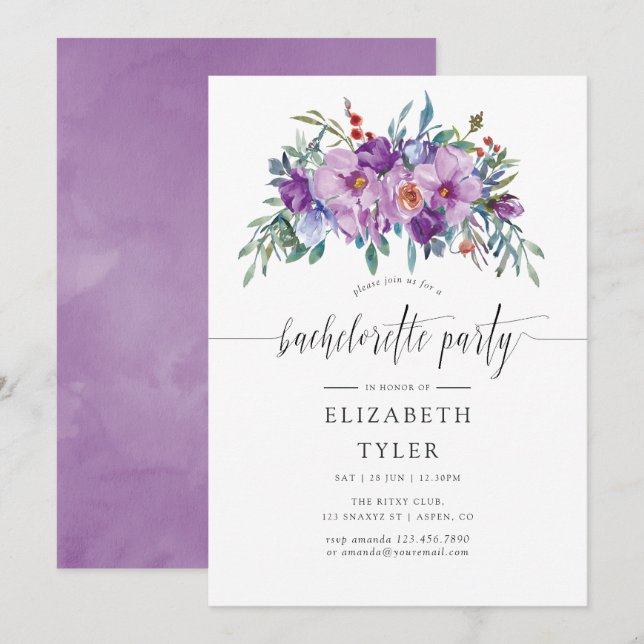 Purple Magnolias and Roses Bachelorette Party Invitation (Front/Back)