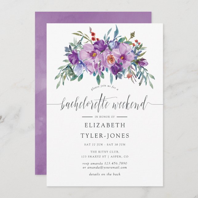 Purple Magnolias and Roses Bachelorette Weeekend Invitation (Front/Back)