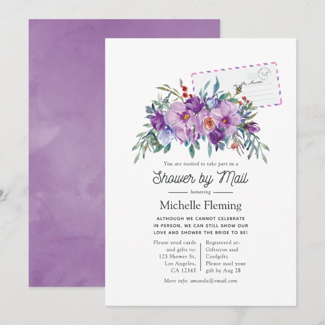 Purple Magnolias and Roses Bridal Shower by Mail Invitation (Front/Back)