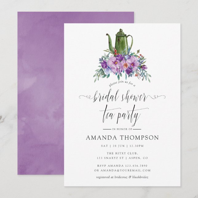Purple Magnolias and Roses Bridal Shower Tea Party Invitation (Front/Back)