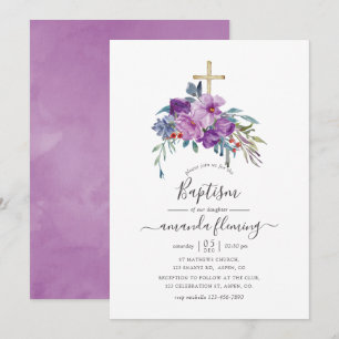 Purple Magnolias and Roses Watercolor Baptism Invitation
