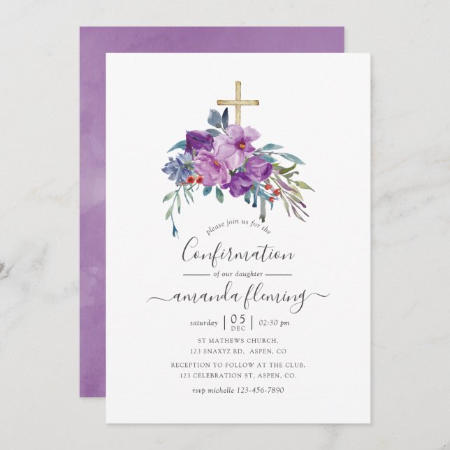 Purple Magnolias and Roses Watercolor Confirmation Invitation (Front/Back)