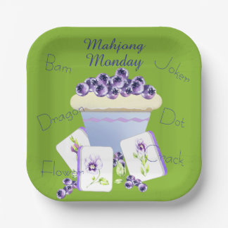 Purple Mahjong Tiles and Blueberry Cupcake Paper Plate