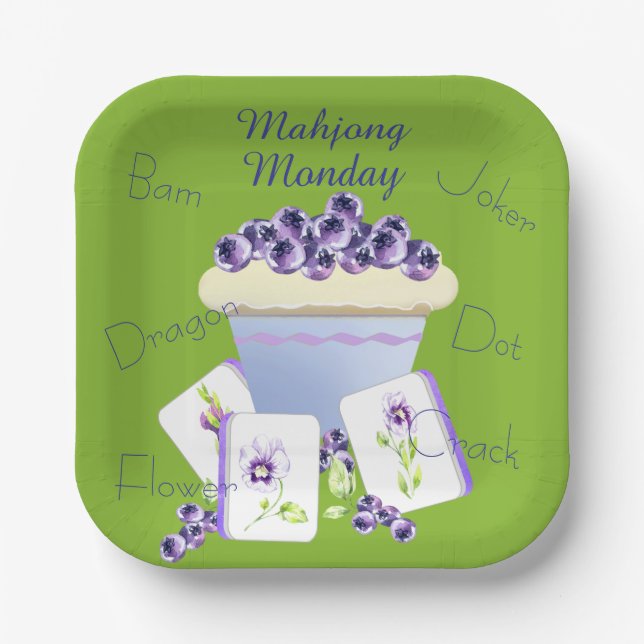 Purple Mahjong Tiles and Blueberry Cupcake  Paper Plate (Front)