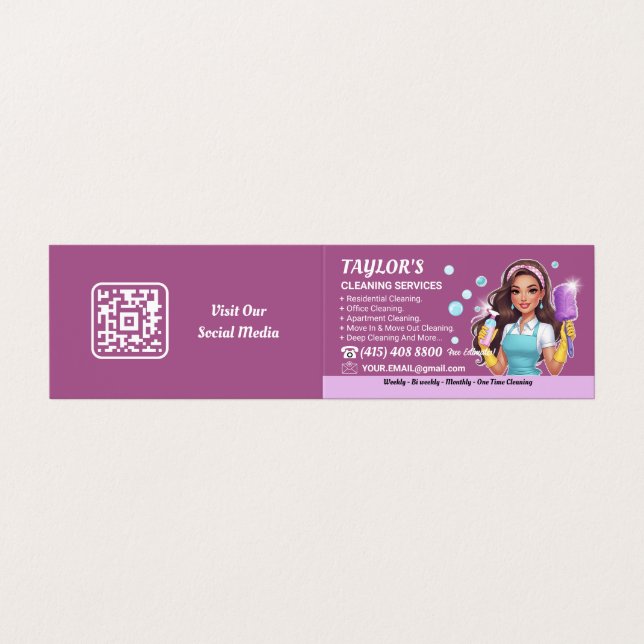Purple Maid Janitorial Lady House Cleaning Service Business Card (Outside Unfolded)