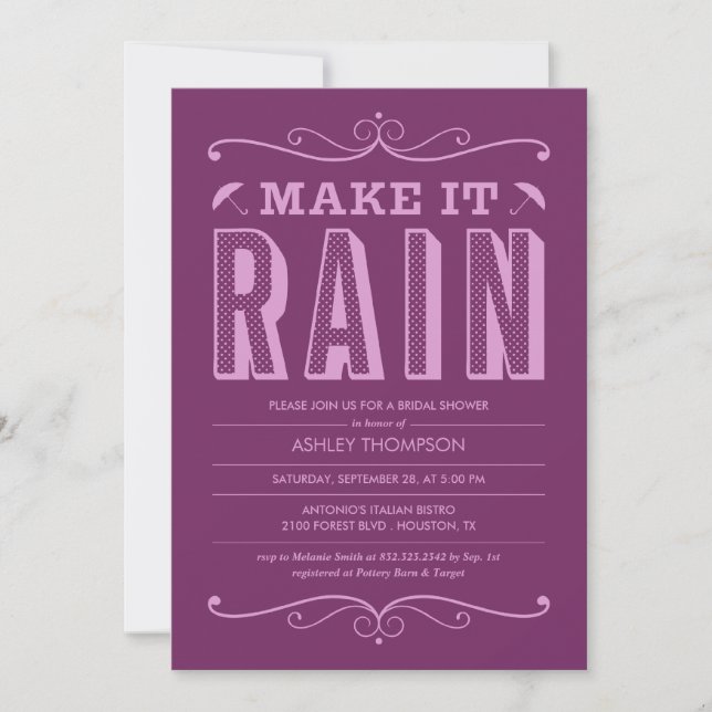 Purple Make it Rain Bridal Shower Invitations (Front)