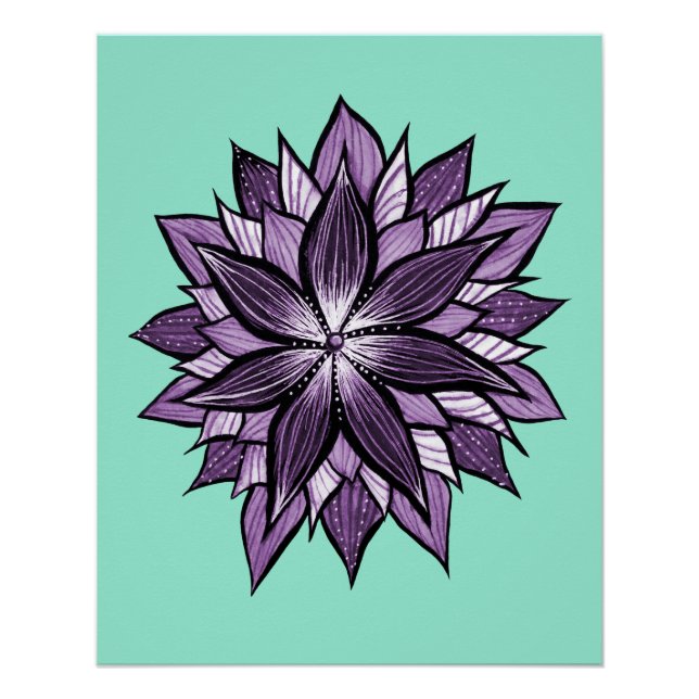 Purple Mandala Like Ink Drawn Abstract Flower Poster (Front)