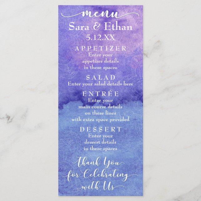 Purple Mandala Watercolor Wedding Menu Card (Front)