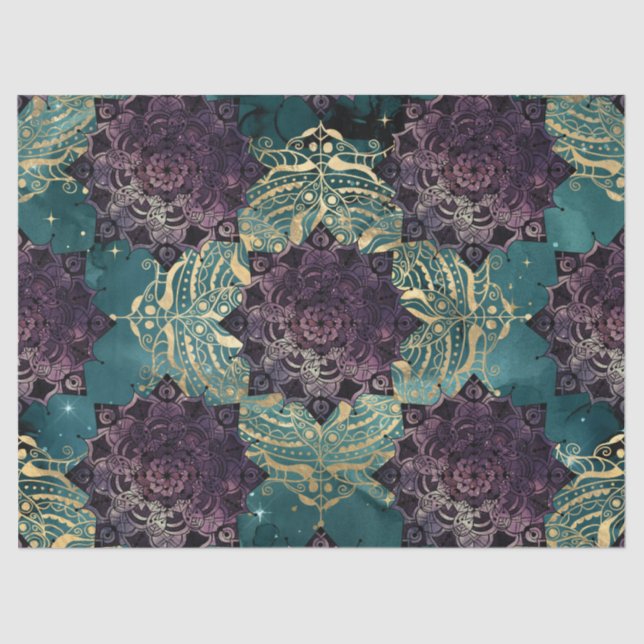 Purple Mandala's and Butterflies on Teal Night Sky Tissue Paper (Front)