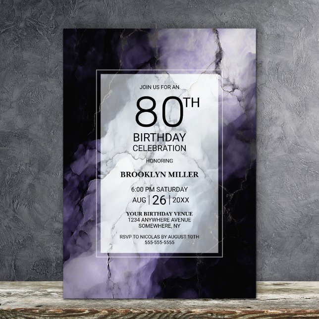 Purple Marble 80th Birthday Party Invitation (Creator Uploaded)