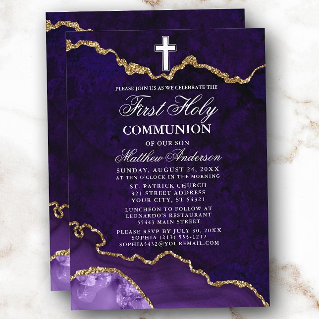 Purple Marble Agate Geode First Holy Communion Invitation (Customize to change text size or text style.)