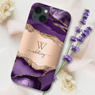 Purple Marble Agate & Rose Gold Glitter Sparkle iPhone 13 Case