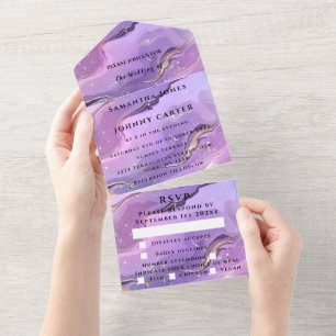 Purple Marble Gold Agate Wedding All in One Invitation
