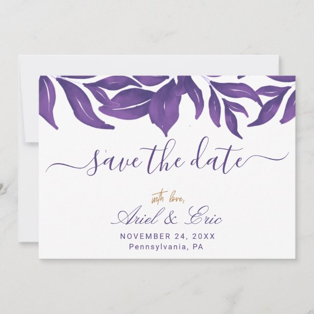 Purple Marble & Gold Eucalyptus Elegant Wedding  Save The Date (Front)