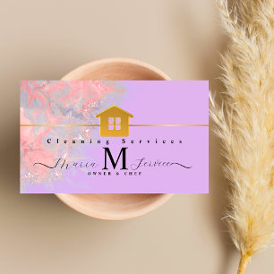 purple marble golden house design cleaning service business card