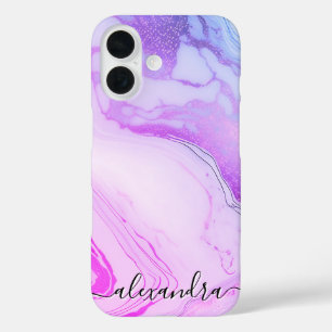Purple Marble Monogram Custom Name Unique iPhone 16 Case