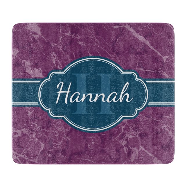 Purple Marble Pattern Teal Monogram Cutting Board (Front)