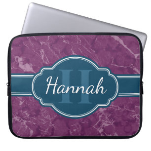 Purple Marble Pattern Teal Monogram Laptop Sleeve