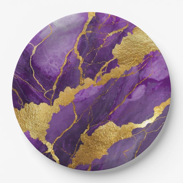 Purple Marble Pattern with Gold Paper Plate (Front)