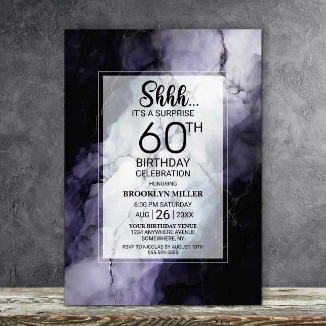 Purple Marble Surprise 60th Birthday Party Invitation (Creator Uploaded)