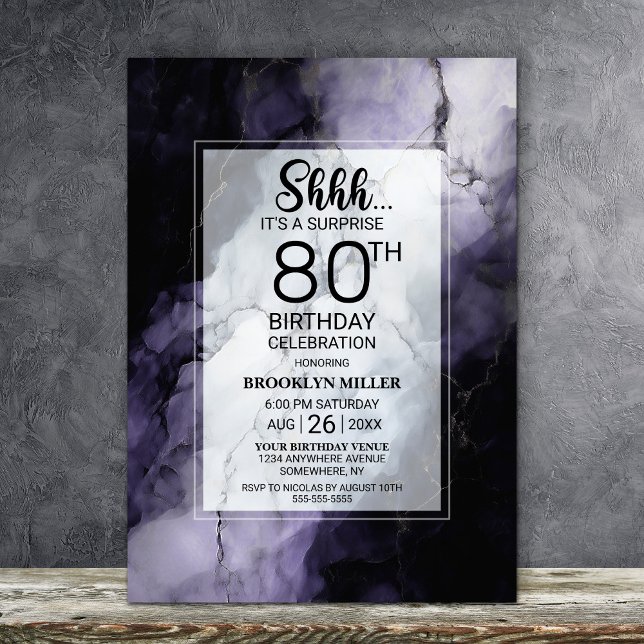 Purple Marble Surprise 80th Birthday Party Invitation (Creator Uploaded)