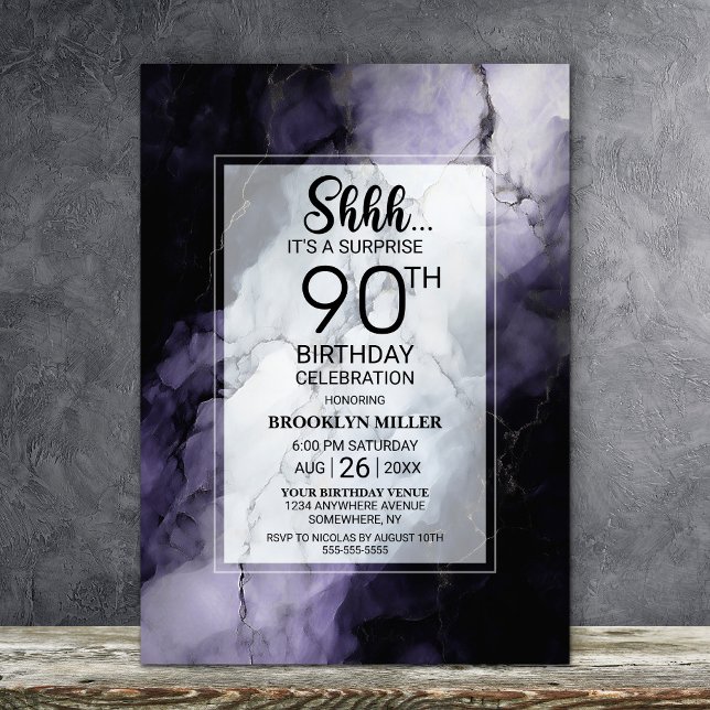Purple Marble Surprise 90th Birthday Party Invitation (Creator Uploaded)