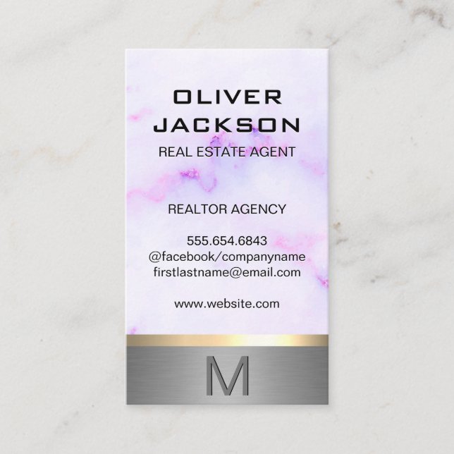Purple Marble Texture Silver Gold Metallic Trim Business Card (Front)