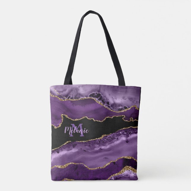 Purple Marbled Agate and Gold Glitter   Tote Bag (Back)