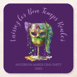 Purple Mardi Gras Mask Square Paper Coaster