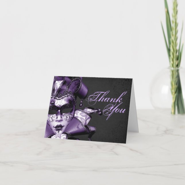 Purple Mardi Gras Masquerade Thank You Card (Front)