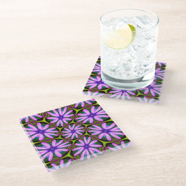 Purple Marguerite Patterns Glass Coaster (Angled)