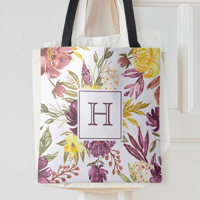 Purple Maroon Floral Watercolor Pretty Monogram Tote Bag (Creator Uploaded)