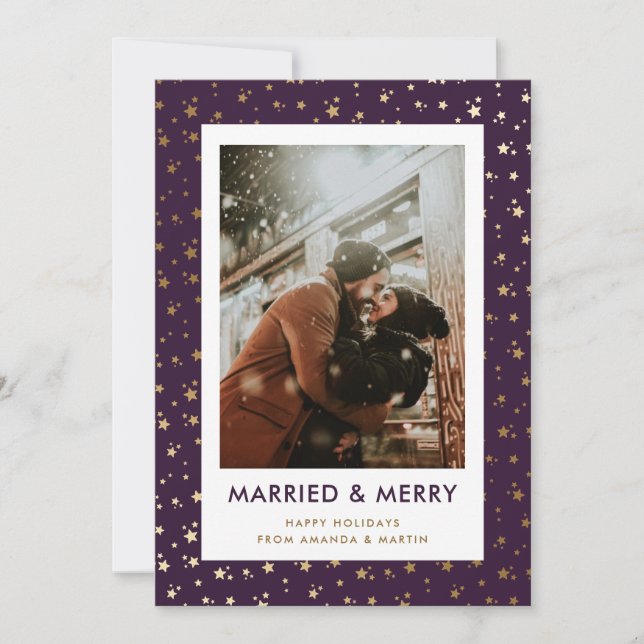 Purple Married and Merry Newlywed Photo Holiday Card (Front)