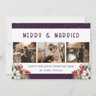 Purple Married Newlywed Snow Botanical Photo Holiday Card