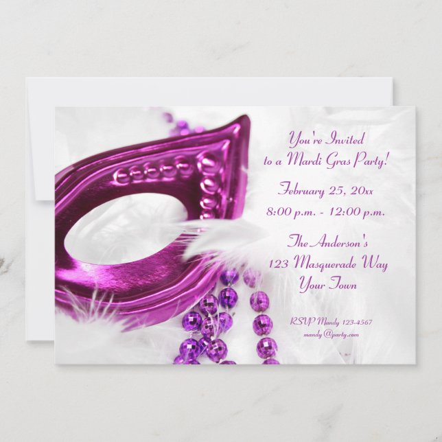 Purple Mask Beads Mardi Gras Invitation (Front)
